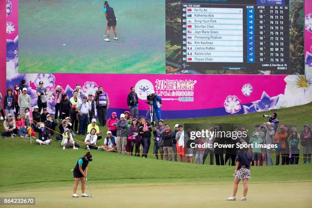 Megan Khang of the United States putts at the 18th hole during day three of the Swinging Skirts LPGA Taiwan Championship on October 21, 2017 in...