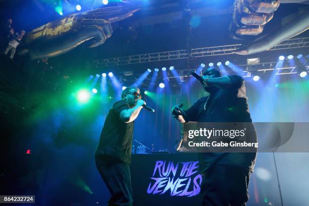 Rapper El-P, Trakstar the DJ and rapper Killer Mike of Run the Jewels perform at Brooklyn Bowl Las Vegas on October 20, 2017 in Las Vegas, Nevada.