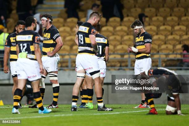 Taranaki players look on in disappointment after the final whistle during the Mitre 10 Cup Semi Final match between Taranaki and Tasman at Yarrow...