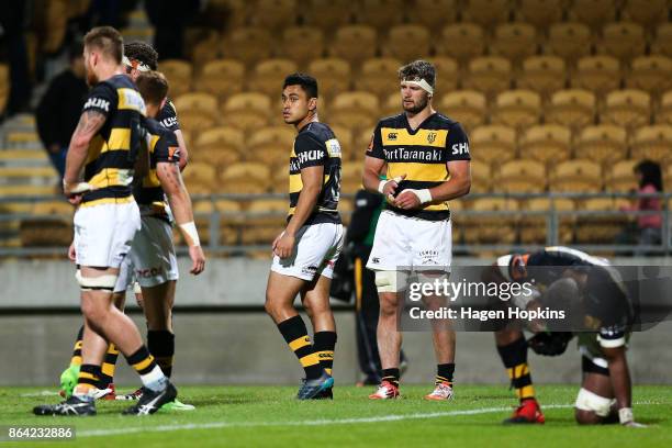Taranaki players look on in disappointment after the final whistle during the Mitre 10 Cup Semi Final match between Taranaki and Tasman at Yarrow...