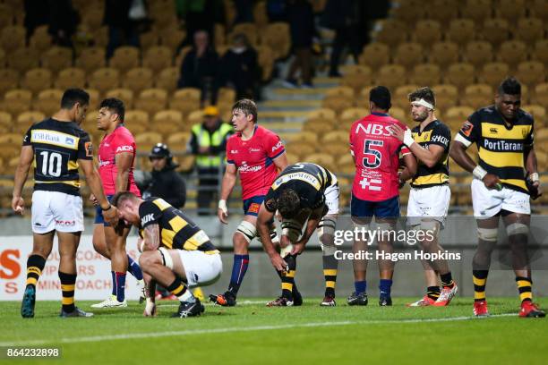 Players react after the Mitre 10 Cup Semi Final match between Taranaki and Tasman at Yarrow Stadium on October 21, 2017 in New Plymouth, New Zealand.