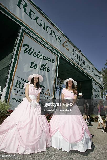 Fans enter the front gates greeted by the Hoover Belles during the second round of the Regions Charity Classic held at Robert Trent Jones Golf Trail...