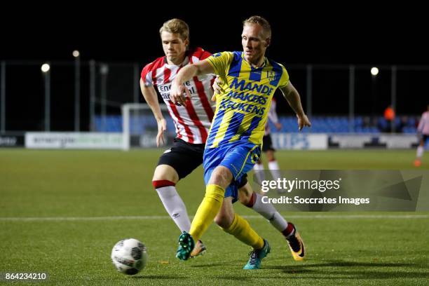 Nikolai Laursen of PSV U23, Henrico Drost of RKC Waalwijk during the Dutch Jupiler League match between PSV U23 v RKC Waalwijk at the de Herdgang on...