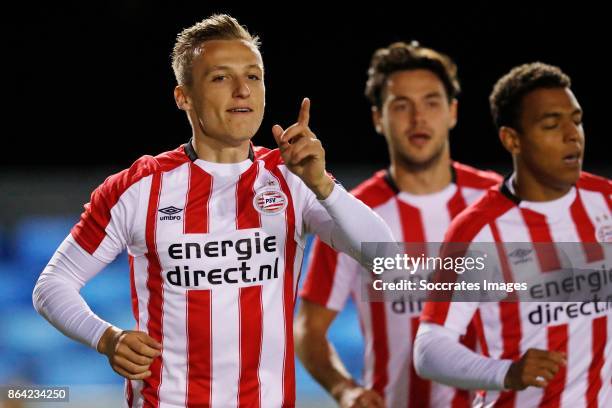 Marcel Ritzmaier of PSV U23 celebrates 1-0 during the Dutch Jupiler League match between PSV U23 v RKC Waalwijk at the de Herdgang on October 20,...