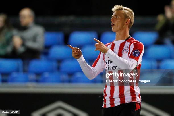 Albert Gudmundsson of PSV U23 celebrates 3-2 during the Dutch Jupiler League match between PSV U23 v RKC Waalwijk at the de Herdgang on October 20,...