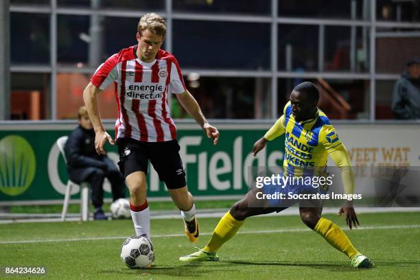 Nikolai Laursen of PSV U23, Jordi Malela Ndanba of RKC Waalwijk during the Dutch Jupiler League match between PSV U23 v RKC Waalwijk at the de...