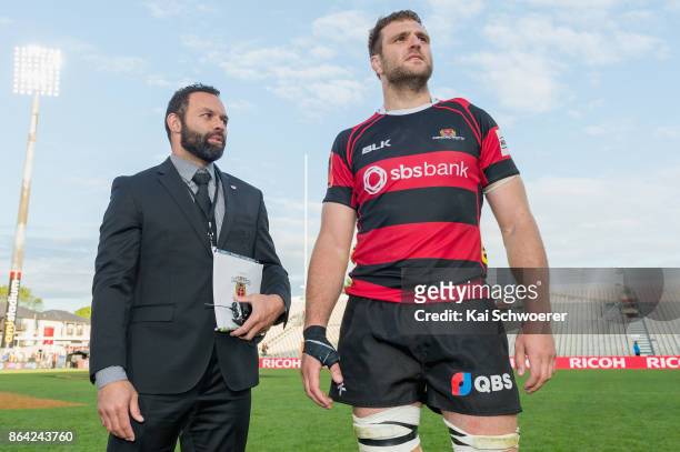 Assistant Coach Joe Maddock of Canterbury and Luke Whitelock of Canterbury look on following the Mitre 10 Cup Semi Final match between Canterbury and...