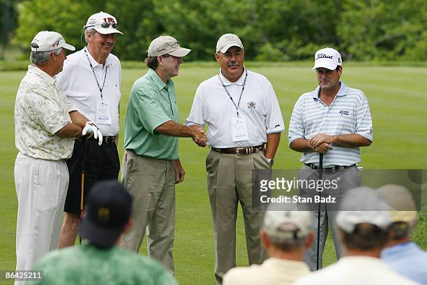 Players and Honorary Observers on the first tee in second round of the Allianz Championship held at Glen Oaks Country Club in West Des Moines, IA, on...