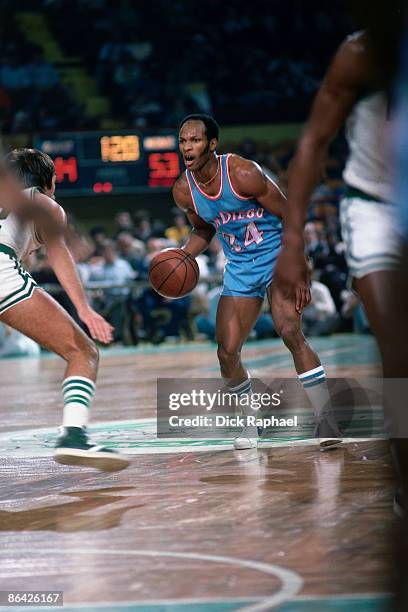 World B. Free of the San Diego Clippers moves the ball up court against Chris Ford of the Boston Celtics during a game played in 1978 at the Boston...