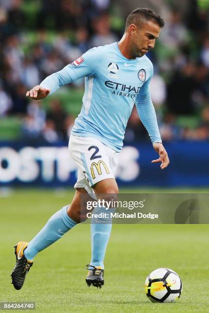 Manny Muscat of the City runs with the ball during the round three A-League match between Melbourne City and the Wellington Phoenix at AAMI Park on...