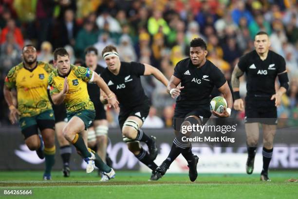 Waisake Naholo of the All Blacks makes a break during the Bledisloe Cup match between the Australian Wallabies and the New Zealand All Blacks at...