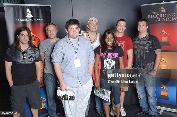 Greg Upchurch , Matt Roberts , Todd Harrell , Brad Arnold and Chris Henderson of 3 Doors Down pose with guests at the GRAMMY Soundchecks with 3 Doors...