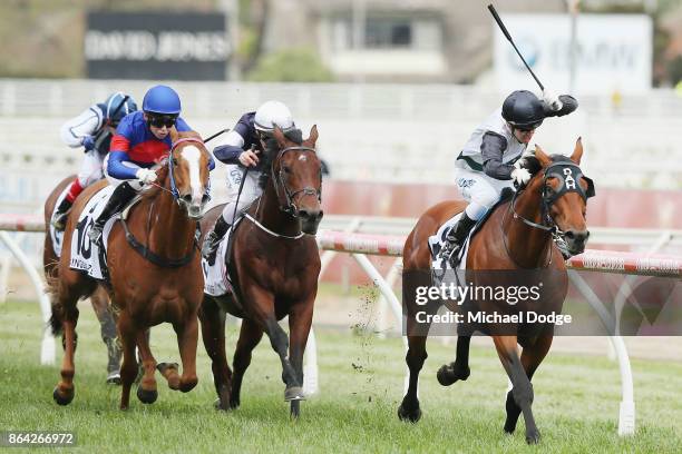 Boom Time ridden by Cory Parish wins the BMW Caulfield Cup during Melbourne Racing at Caulfield Racecourse on October 21, 2017 in Melbourne,...