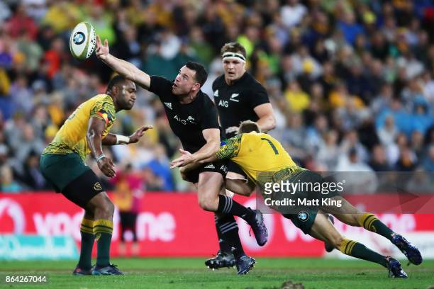 Ryan Crotty of the All Blacks drops the ball during the Bledisloe Cup match between the Australian Wallabies and the New Zealand All Blacks at...