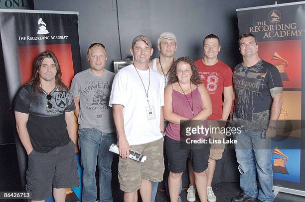 Greg Upchurch , Matt Roberts , Todd Harrell , Brad Arnold and Chris Henderson of 3 Doors Down pose with guests at the GRAMMY Soundchecks with 3 Doors...