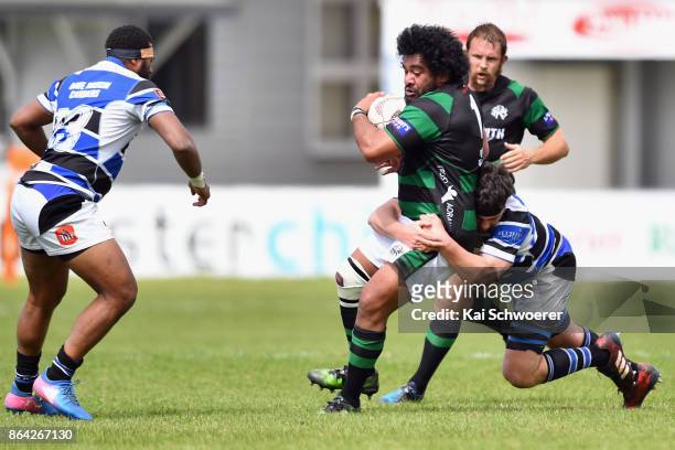 Matt Fetu of South Canterbury is tackled during the Heartland Championship Semi Final match between South Canterbury and Wanganui on October 21, 2017...