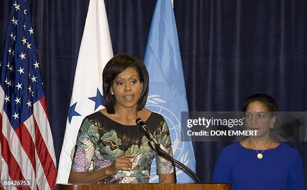 First Lady Michelle Obama and US Ambassador to the United Nations Susan Rice address the employees of the US Mission to the United Nations on May 5,...