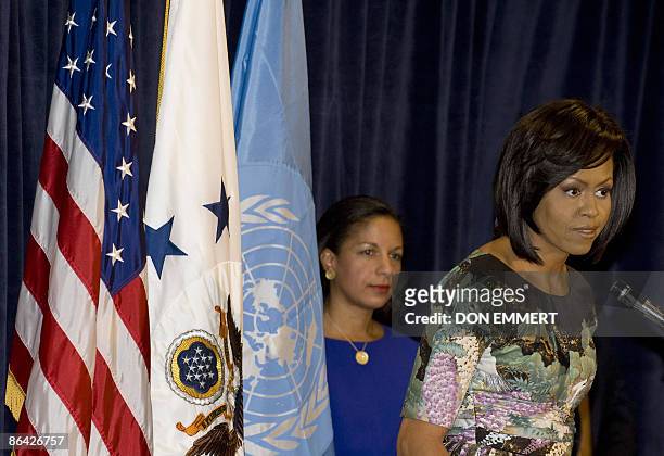 First Lady Michelle Obama and US Ambassador to the United Nations Susan Rice address the employees of the US Mission to the United Nations on May 5,...