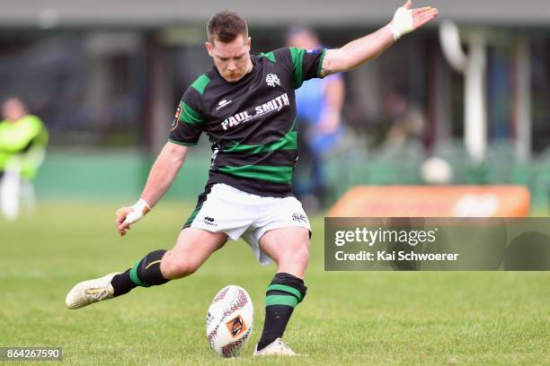 Willie Wright of South Canterbury kicks a conversion during the Heartland Championship Semi Final match between South Canterbury and Wanganui on...