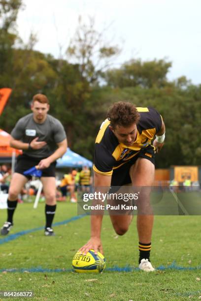 James Verity-Amm of the Spirit grounds the ball for a try during the round eight NRC match between Perth and the Sydney Rays at McGillivray Oval on...