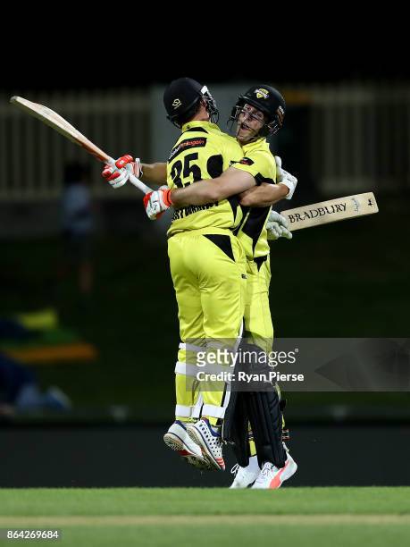 Mitchell Marsh and Hilton Cartwright of of the Warriors celebrate after hitting the winning runs during the JLT One Day Cup Final match between...