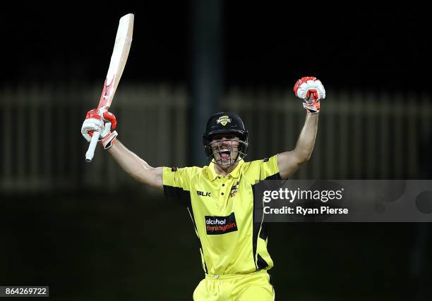 Mitchell Marsh of the Warriors celebrates after hitting the winning runs during the JLT One Day Cup Final match between Western Australia and South...