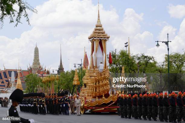 Officers of the Thai army and royal officials participate in a training exercise tp pull the Great Victory Royal Chariot which will be used to carry...