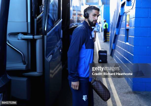 Miguel Britos of Watford arrives prior to the Premier League match between Chelsea and Watford at Stamford Bridge on October 21, 2017 in London,...
