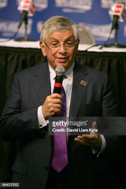 Commissioner David Stern addresses the media before he presents LeBron James of the Cleveland Cavaliers with the trophy for 2008-09 MVP prior to Game...