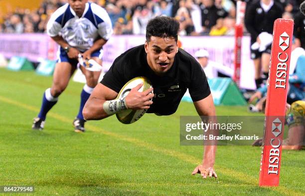 Rieko Ioane of the All Blacks scores a try during the Bledisloe Cup match between the Australian Wallabies and the New Zealand All Blacks at Suncorp...