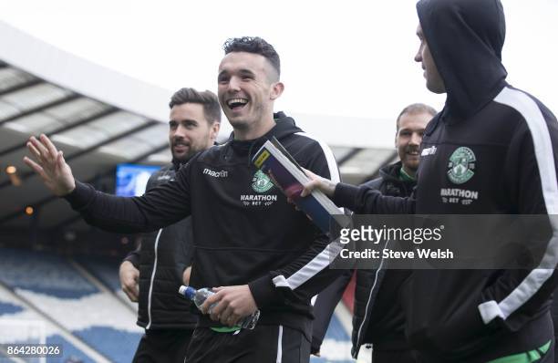 John McGinn of Hibs walk out on to the Hampden pitch before the Betfred Cup Semi-Final between Hibernian and Celtic at Hampden Park on October 21,...