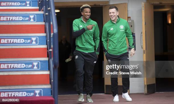 Scott Sinclair and Callum McGregor walk out on to the Hampden pitch before the Betfred Cup Semi-Final between Hibernian and Celtic at Hampden Park on...