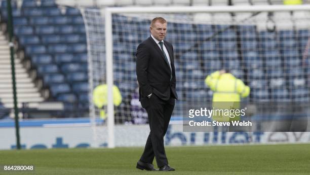 Neil Lennon arrives early at Hampden Park before the Betfred Cup Semi-Final between Hibernian and Celtic at Hampden Park on October 21, 2017 in...