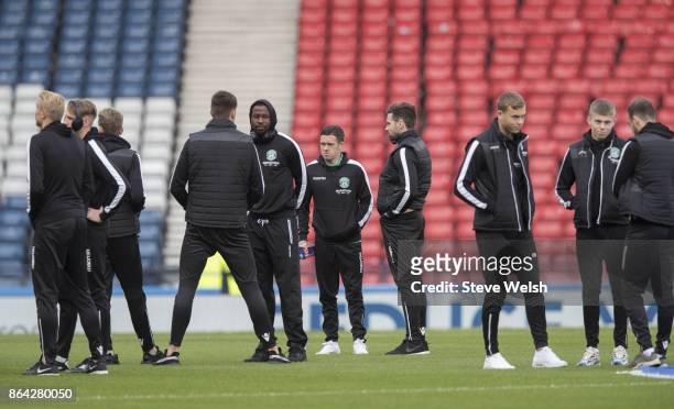 Hibernian players arrive early at Hampden Park before the Betfred Cup Semi-Final between Hibernian and Celtic at Hampden Park on October 21, 2017 in...