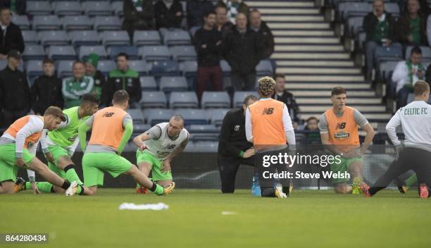 Celtic warm up before their Betfred Cup Semi-Final between Hibernian and Celtic at Hampden Park on October 21, 2017 in Glasgow, Scotland.