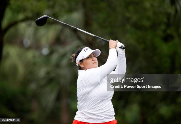 Lizette Salas of the United States tees off on the 18th hole during day three of the Swinging Skirts LPGA Taiwan Championship on October 21, 2017 in...