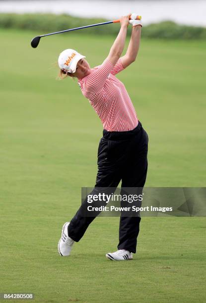 Chella Choi of South Korea hits a shot on the 18th hole during day three of the Swinging Skirts LPGA Taiwan Championship on October 21, 2017 in...