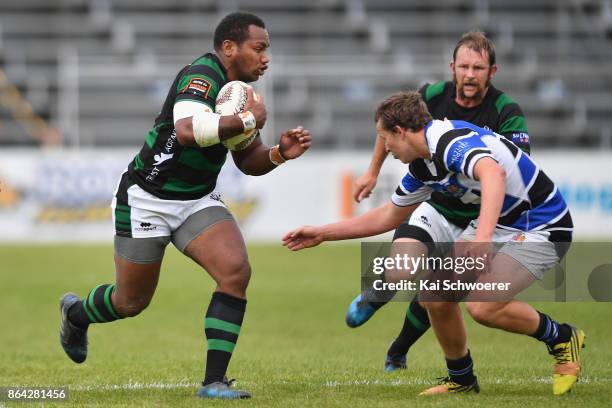 Vatiliai Tora of South Canterbury charges forward during the Heartland Championship Semi Final match between South Canterbury and Wanganui on October...