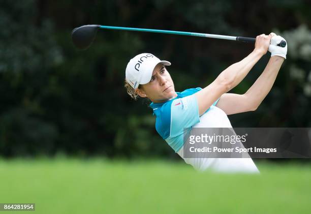 Azahara Munoz of Spain tees off on the second hole during day three of the Swinging Skirts LPGA Taiwan Championship on October 21, 2017 in Taipei,...