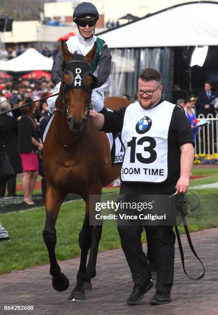 Cory Parish riding Boom Time before winning Race 8, Caulfield Cup during Melbourne Racing on Caulfield Cup Day at Caulfield Racecourse on October 21,...