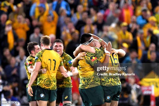 Stephen Moore of the Wallabies celebrates victory with his team mates after the Bledisloe Cup match between the Australian Wallabies and the New...