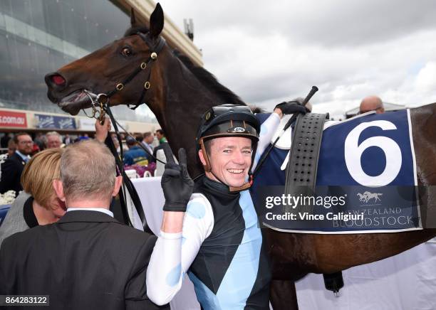 Stephen Baster riding Pinot after winning Race 3, New Zealand Bloodstock Ethereal Stakes during Melbourne Racing on Caulfield Cup Day at Caulfield...