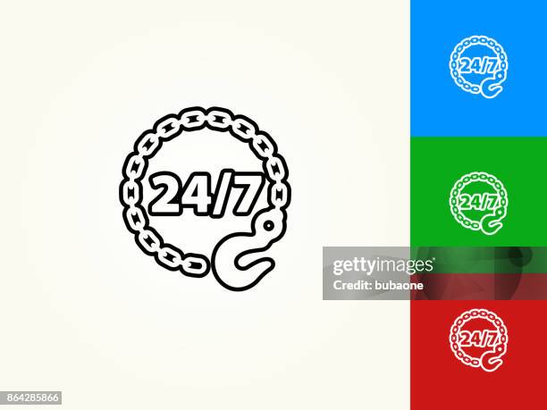 24/7 towing service black stroke linear icon - towing stock illustrations