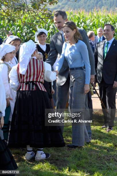 Queen Letizia of Spain and King Felipe of Spain visit Porenu village on October 21, 2017 in Villaviciosa, Spain. Porenu has been honoured as the 2017...