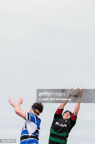 Nick Strachan of South Canterbury wins a lineout during the Heartland Championship Semi Final match between South Canterbury and Wanganui on October...