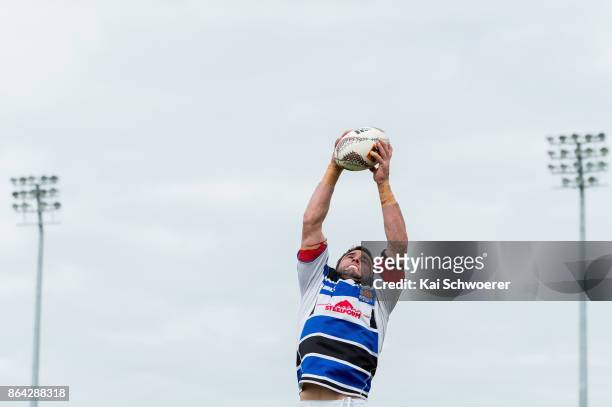 Sam Madams of Wanganui wins a lineout during the Heartland Championship Semi Final match between South Canterbury and Wanganui on October 21, 2017 in...