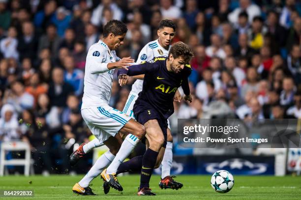 Fernando Llorente of Tottenham Hotspur FC fights for the ball with Raphael Varane of Real Madrid during the UEFA Champions League 2017-18 match...