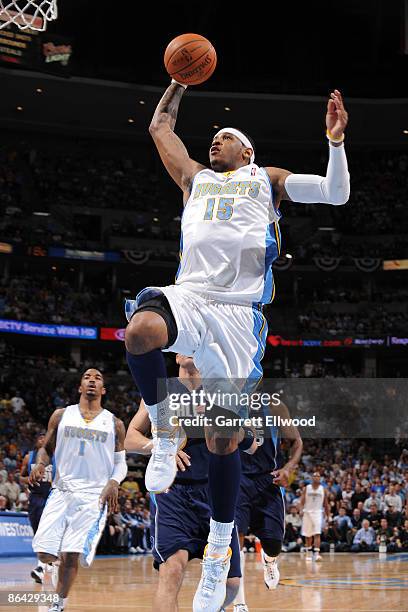 Carmelo Anthony of the Denver Nuggets goes to the basket against the Dallas Mavericks during Game Two of the Western Conference Semifinals during the...