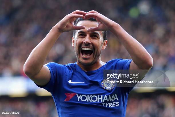 Pedro of Chelsea celebrates as he scores their first goal during the Premier League match between Chelsea and Watford at Stamford Bridge on October...