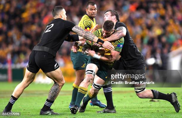 Sean McMahon of the Wallabies takes on the defence during the Bledisloe Cup match between the Australian Wallabies and the New Zealand All Blacks at...